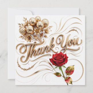 Cartão De Agradecimento Obrigado Floral Dourado com Rosa Vermelha
