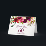 Cartão De Agradecimento Obrigado floral vermelho do aniversário de<br><div class="desc">Cartões de agradecimentos florais vermelhos da festa de aniversário de Borgonha Boho 60th 

coleção atching na loja da ameia e do ninho. Ilustração pintado mão bonita floral da aguarela Borgonha da aguarela branca vermelha chique de Boho</div>