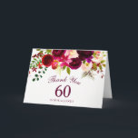 Cartão De Agradecimento Obrigado floral vermelho do aniversário de<br><div class="desc">Cartões de agradecimentos florais vermelhos da festa de aniversário de Borgonha Boho 60th 

coleção atching na loja da ameia e do ninho. Ilustração pintado mão bonita floral da aguarela Borgonha da aguarela branca vermelha chique de Boho</div>