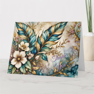 Cartão De Agradecimento OBRIGADO! Folhas Verde Azul, Floral Rosa sobre Dou