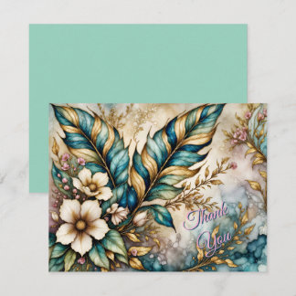 Cartão De Agradecimento OBRIGADO! Folhas Verde Azul, Floral Rosa sobre Dou