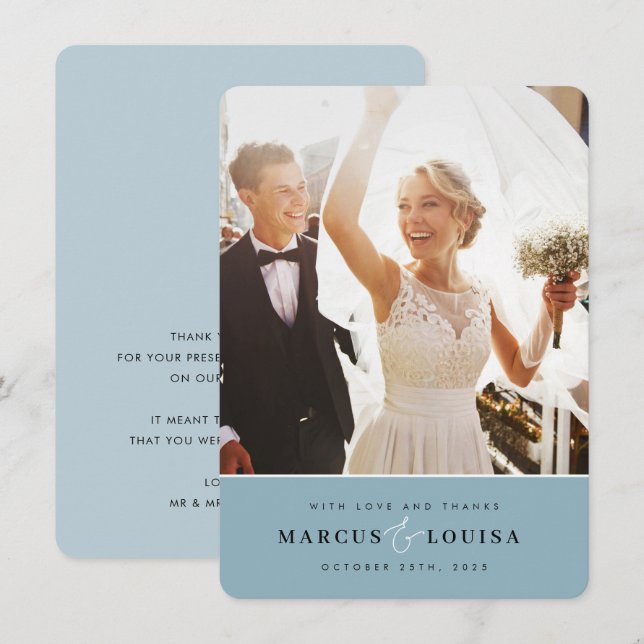 Cartão De Agradecimento OBRIGADO. Foto elegante e fofinho e azul empoeirad (Frente/Verso)