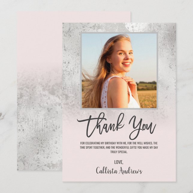 Cartão De Agradecimento Obrigado Fotográfico de Folha Rosa Rosa-Rosa-Cinza (Frente/Verso)