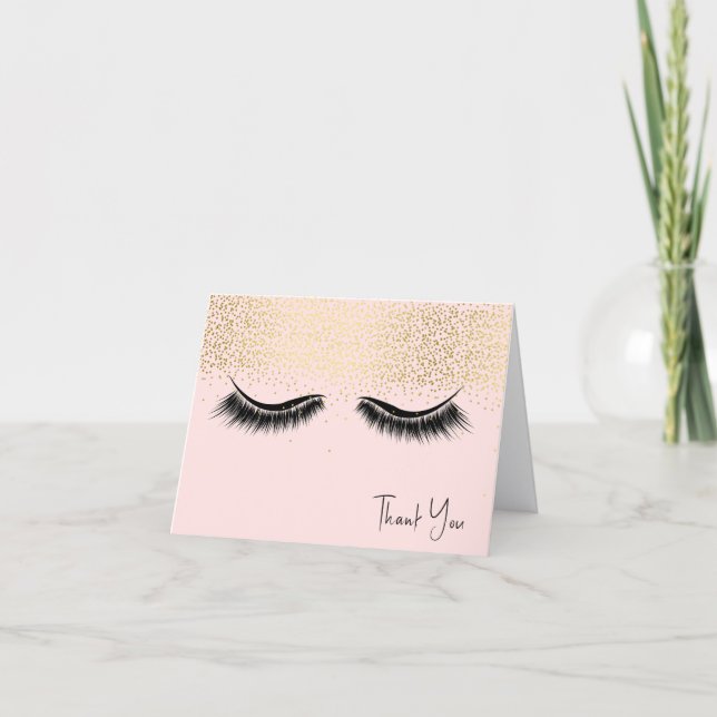 Cartão De Agradecimento Obrigado Glitter Dourado e Cílios (Frente)