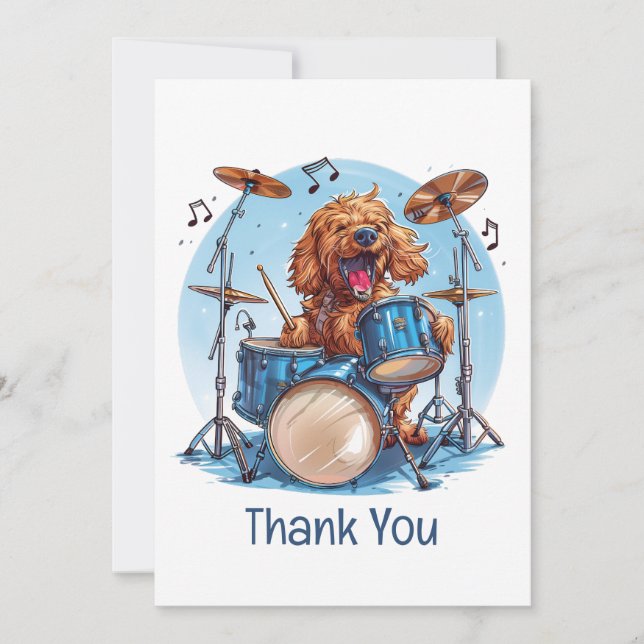 Cartão De Agradecimento Obrigado Goldendoodle Tocando Bateria (Frente)