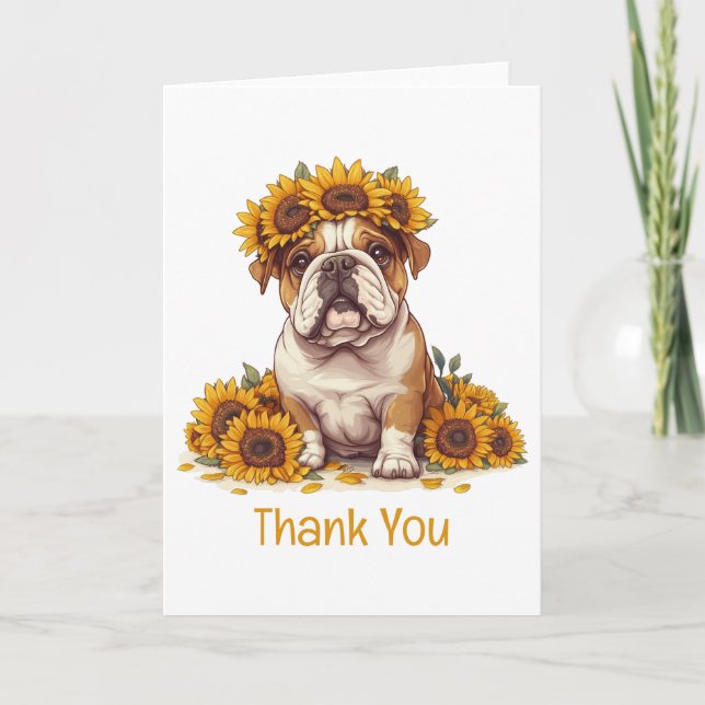 Cartão De Agradecimento Obrigado Inglês Buldogue Sunflower Crown (Frente)