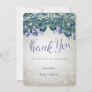 Cartão De Agradecimento Obrigado Luxo Pavão Azul Aqua Prata Casamento