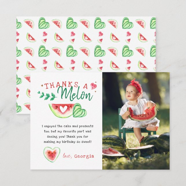 Cartão De Agradecimento Obrigado Melão | Obrigado pelo Aniversário de Mela (Frente/Verso)