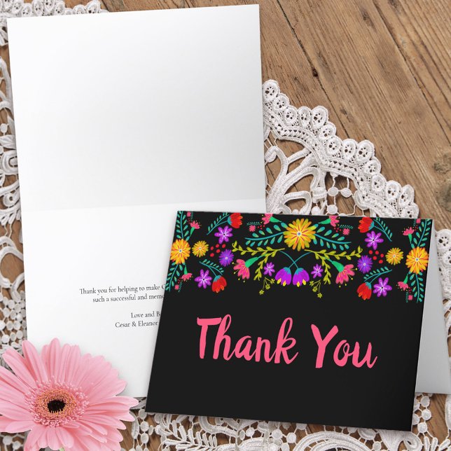 Cartão De Agradecimento Obrigado Mexicano Fiesta Flowers Black Folheed Car (Thank You card for quinceanera  or other special event from my Mexican Fiesta Floral collection)