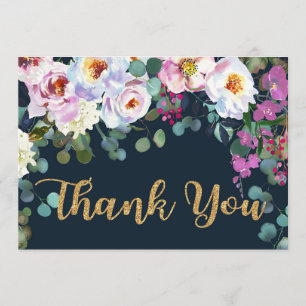 Cartão De Agradecimento Obrigado moderno floral Dourado do marinho das