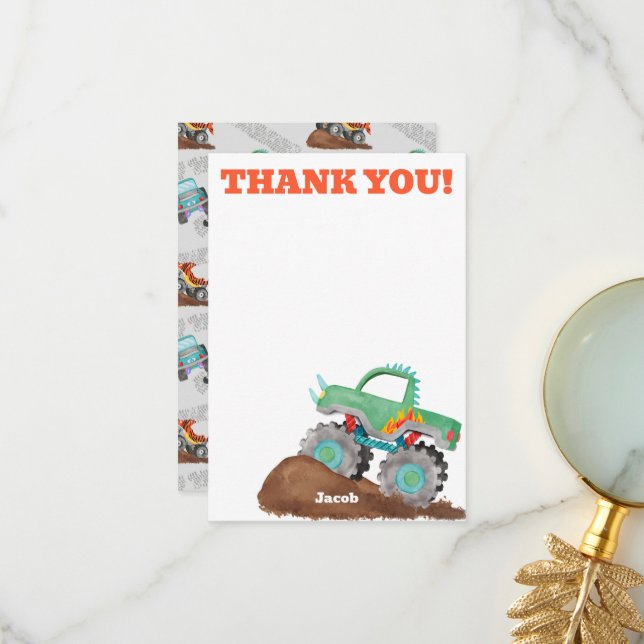 Cartão De Agradecimento Obrigado Monster Truck Birthday Bash Watercolor (Frente/Verso In Situ)