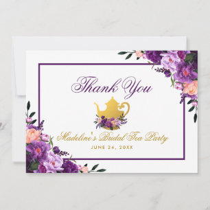 Cartão De Agradecimento Obrigado nupcial Dourado floral roxo do tea party