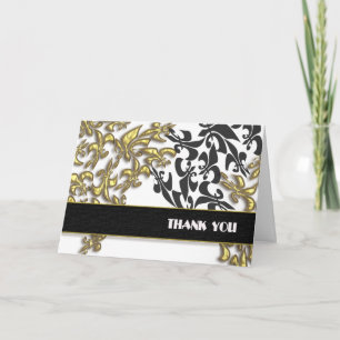 Cartão De Agradecimento Obrigado Ouro Preto Branco Fleur de Lis Damask
