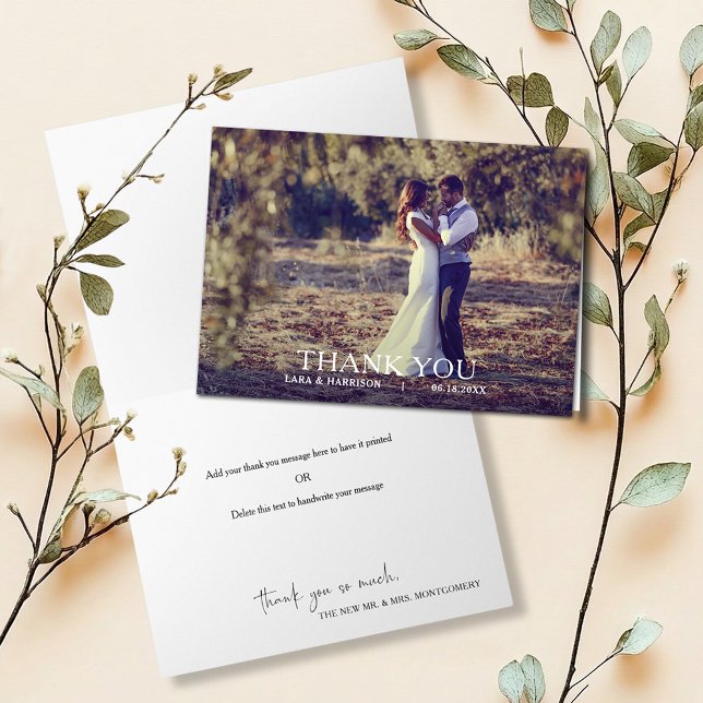 Cartão De Agradecimento Obrigado pela Foto de Casamento Simples Moderna (Modern simple wedding photo folded thank you notes with our message inside or leave blank)