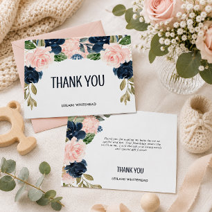 Cartão De Agradecimento Obrigado pelo Chá de Bebê Floral Bege e Azul Marin