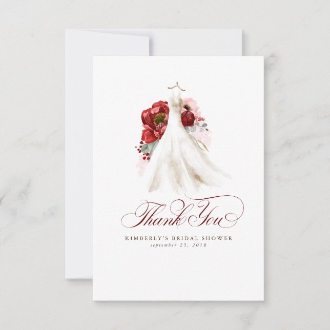 Cartão De Agradecimento Obrigado pelo Chuveiro Nupcial Floral Vermelho Bor (Frente)