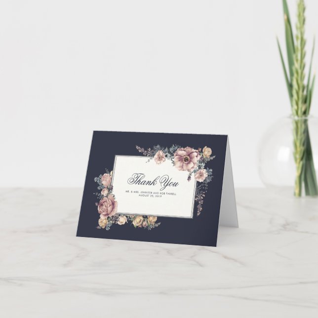 Cartão De Agradecimento Obrigado por casamento elegante floral azul marinh (Frente)