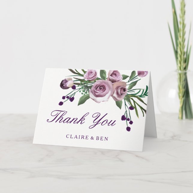 Cartão De Agradecimento Obrigado Romântico Casamento Floral Roxo Rosa Plum (Frente)