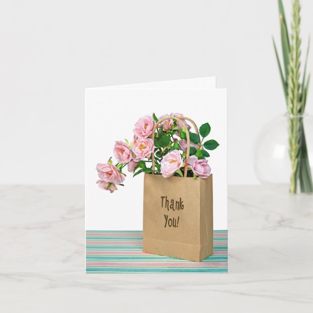 Cartão De Agradecimento Obrigado Rosas Rosa Em Saco Marrom (Frente)