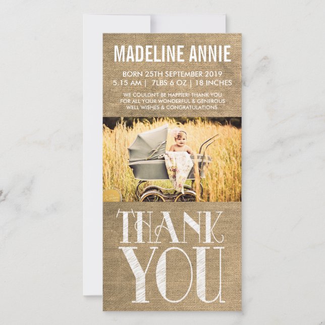 Cartão De Agradecimento Obrigado rústico do nascimento do bebê de (Frente)