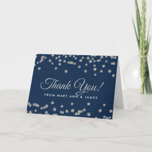 Cartão De Agradecimento "Obrigado" Silver Faux Glitter Confetti Marinho Az