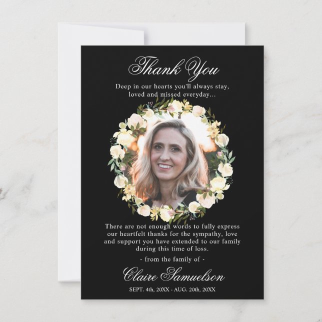 Cartão De Agradecimento Obrigado Simpatia Funeral Black Floral | FOTO (Frente)