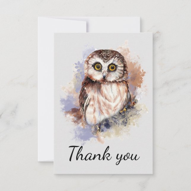 Cartão De Agradecimento Obrigado Watercolor Owl Bird (Frente)