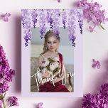 Cartão De Agradecimento Obrigado Watercolor Wisteria Foto Bat Mitzvah<br><div class="desc">Obrigado Watercolor Wisteria Foto Bat Mitzvah Obrigado Cartões Apresenta elegantes flores de wisteria de aquarela em lavanda macia e roxo com folhas verdes em um fundo lilático com sua foto favorita e cobertura "Obrigado". No reverso em um roteiro elegante de caligrafia branca em fundo roxo está o texto "Obrigado" e...</div>