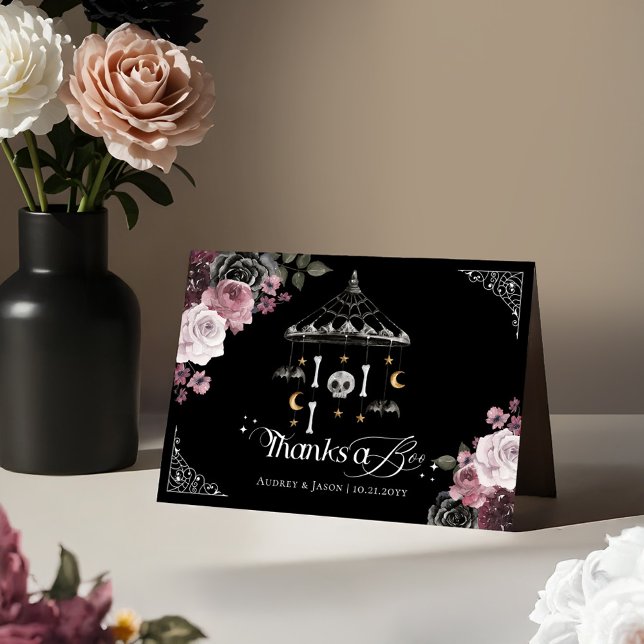 Cartão De Agradecimento Obrigados a Chá de fraldas para portáteis com esqu (Thanks a Boo Gothic Skeleton Mobile Baby Shower Thank You Card)