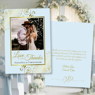 Cartão De Agradecimento Obrigados de Amor Azul e Dourado Casamento de Foto