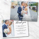 Cartão De Agradecimento Obrigados de Amor com Casamento Moderno da Caligra<br><div class="desc">Obrigados e amor de casamento da caligrafia moderna e noiva e Cartões de agradecimentos fotográfico do Groom 2 - Script branco</div>