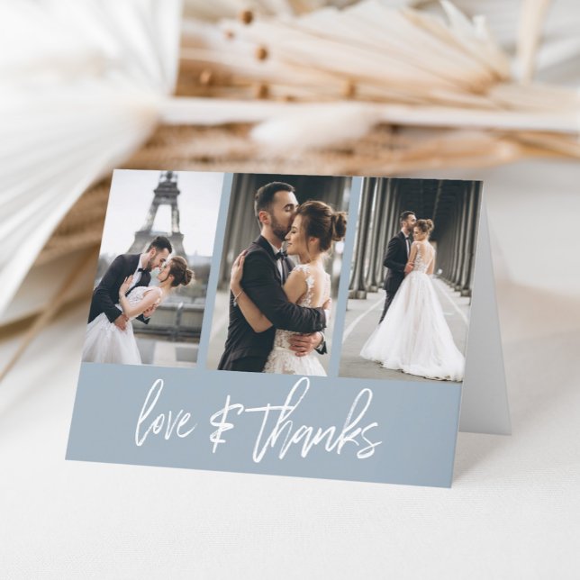 Cartão De Agradecimento Obrigados de amor com colagem de fotos simples azu (A simple and elegant way to say thank you with a personal touch by adding three photos on the front.)