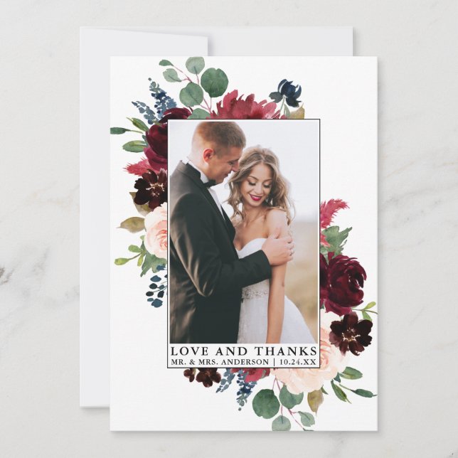 Cartão De Agradecimento Obrigados De Amor Com Moldura Floral Elegante Wate (Frente)