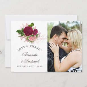 Cartão De Agradecimento Obrigados de Casamento Vintage Chic Blush e Burgun