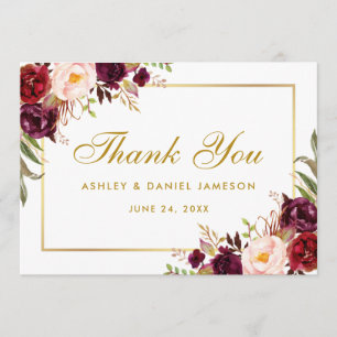 Cartão De Agradecimento Obrigados Dourados de Casamento de Watercolor Flor