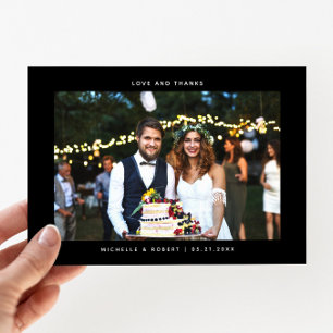 Cartão De Agradecimento Obrigados e amor Foto simples de casamento Preto