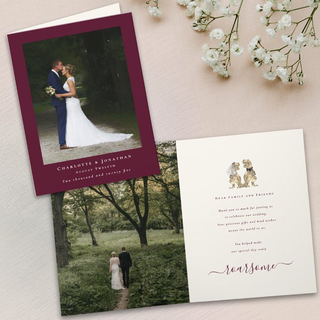 Cartão De Agradecimento Obrigados Fotográficos Modernos Dinossauro Casamen (Modern 2 photo dinosaur theme wedding thank you burgundy folded card Elegant script cute T-Rex dino)