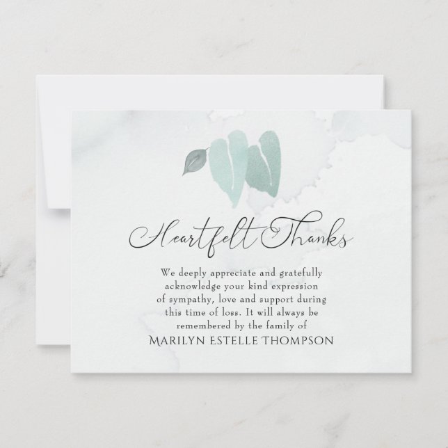 Cartão De Agradecimento Obrigados Funerais De Coração Aquarela Folhas De C (Frente)