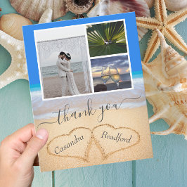 Cartão De Agradecimento Ocean Blue Praia Hearts in Sand Wedding