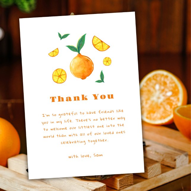 Cartão De Agradecimento Olá, Baby Citrus Orange Fazenda Chá de fraldas (Hello Baby Citrus Orange Farm Baby Shower Thank You Card)