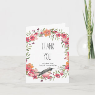 Cartão De Agradecimento Oleandro Romântico Floral Rosa Passarinho Obrigado