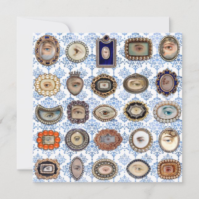 Cartão De Agradecimento Olho de Amante Vitoriano em damasco azul e branco (Frente)