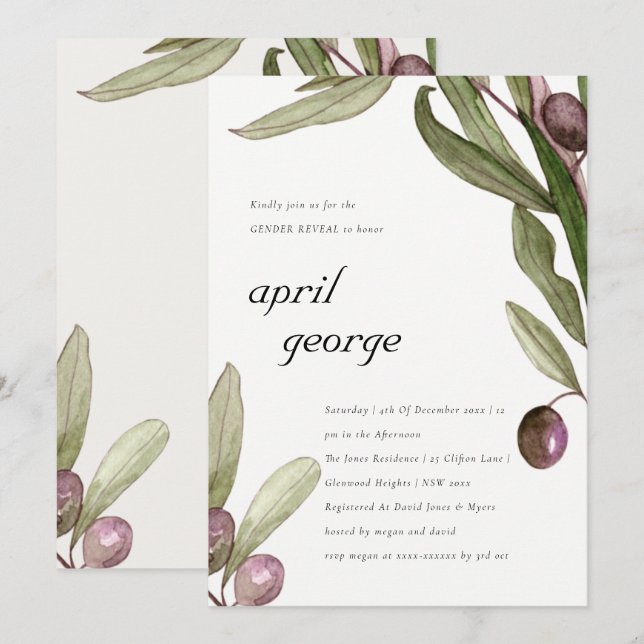 CARTÃO DE AGRADECIMENTO OLIVE WATERCOLOR FOLIAGE GENDER REVEITE INVITE (Frente/Verso)