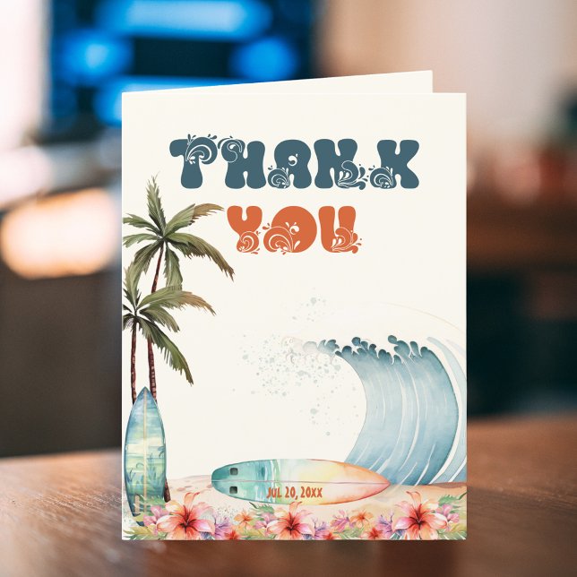 Cartão De Agradecimento Onda de Aquarela Festa de Aniversário Surfista Obr (Criador carregado)