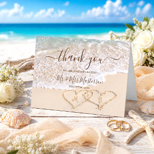 Cartão De Agradecimento Ondas do Oceano Azul Casamento Tropical na Praia