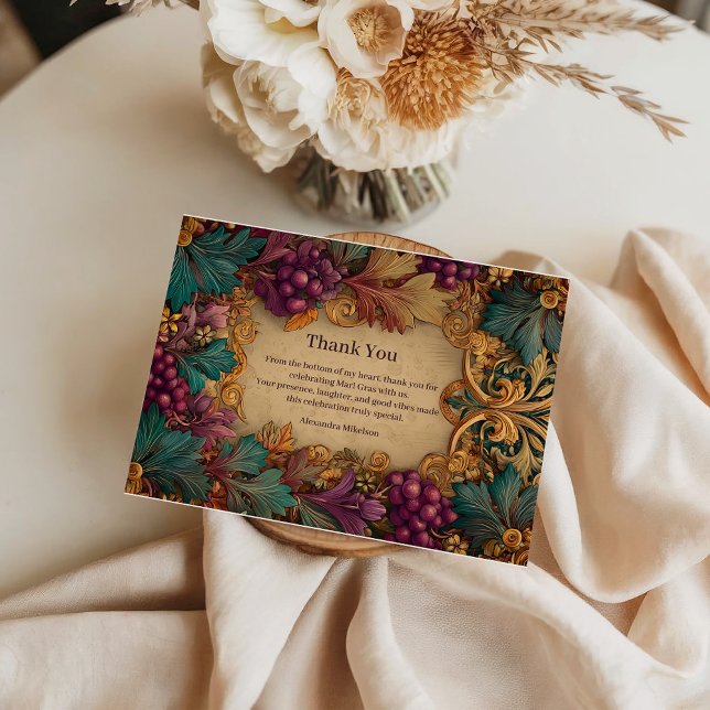 Cartão De Agradecimento Opulent Grape Leaf Mardi Gras Masquerade (Criador carregado)