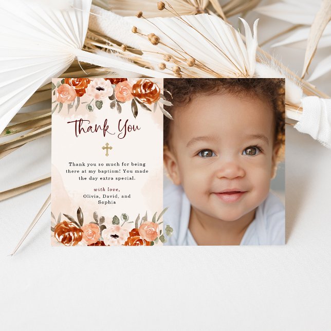 Cartão De Agradecimento Orange Boho | Imagem de Batismo com Blush Watercol (Criador carregado)