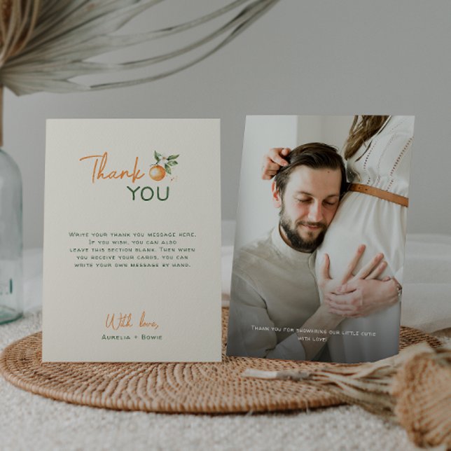 Cartão De Agradecimento Orange Citrus Little Cutie Baby Shower Photo (Criador carregado)