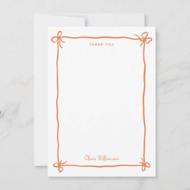 Cartão De Agradecimento Orange Whimsical Ribbon Bow Hand Drawn Border (Frente)