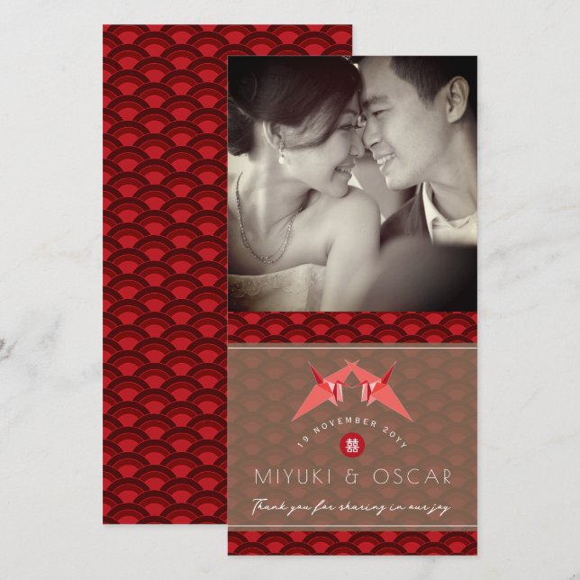 Cartão De Agradecimento Origami Paper Cranes Scallops Foto De Casamento As (Frente/Verso)